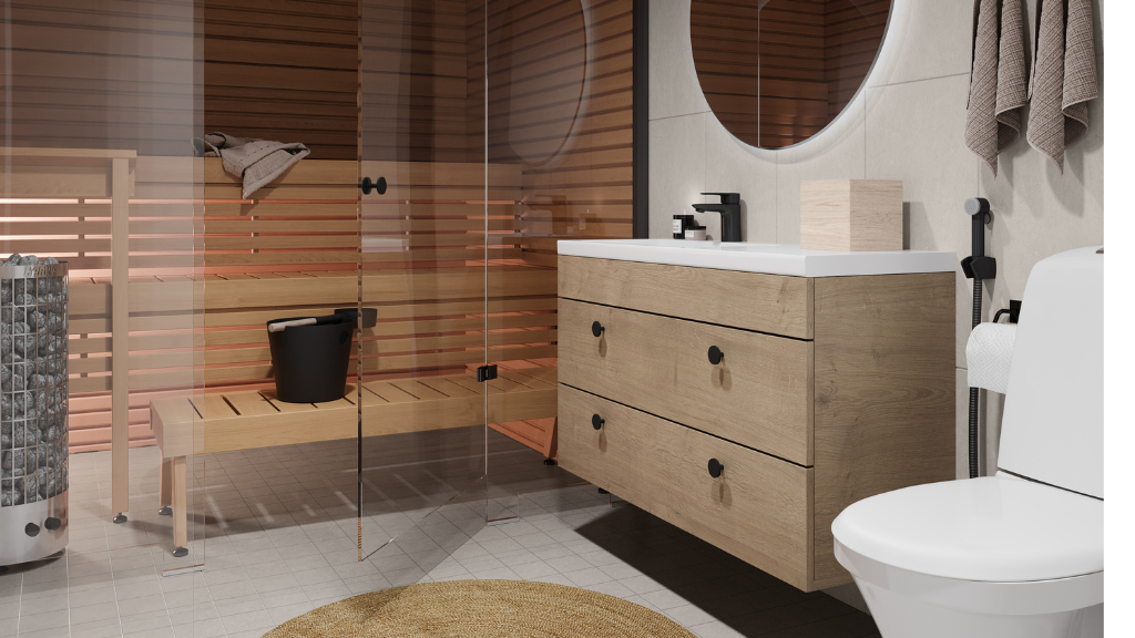 Kylpyhuonemoduuli saunalla Kaunis kylpyhuonemoduuli saunalla, jossa lasiseinät ja puiste kalusteet