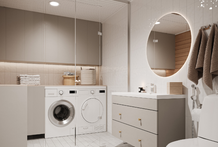 kylpyhuonemoduuli harmaalla kodinhoitohuoneella