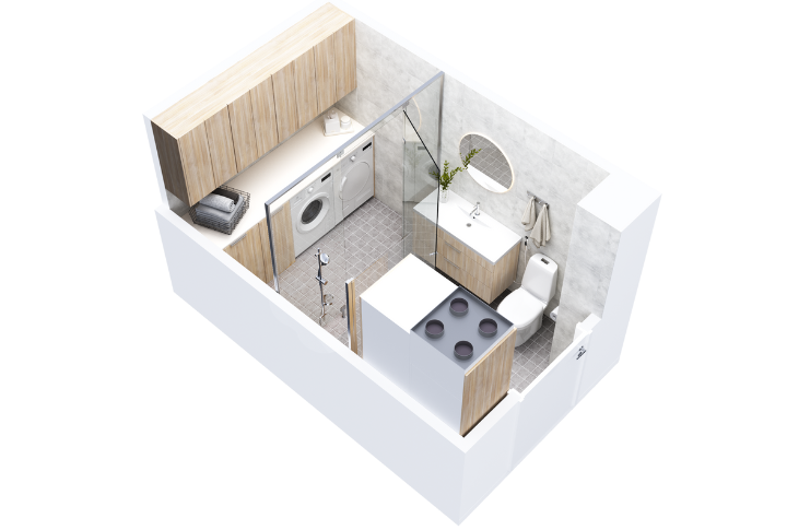 kylpyhuonemoduuli kodinhoitohuoneella